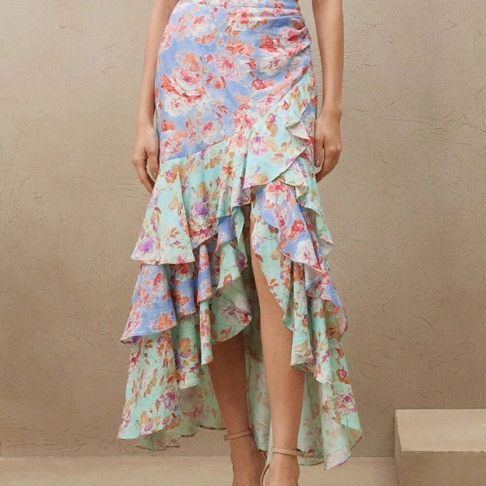 Blue Boho Women's Elegant High-Waist Dual-Tone Ruffled Asymmetric Hem Skirt - Picture 3 of 6